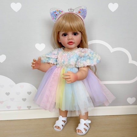 FINEALL Realistic Silicone Vinyl Baby Doll Awake Toddler Baby Doll Girl with Hand-Rooted Fiber Hair FA-806