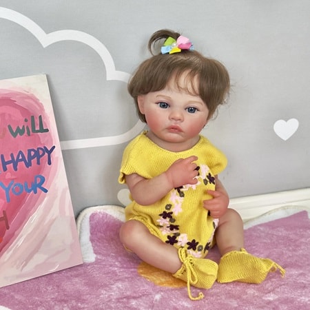 FINEALL Realistic Silicone Vinyl Baby Doll Awake Toddler Baby Doll Girl with Hand-Rooted Fiber Hair FA-1040