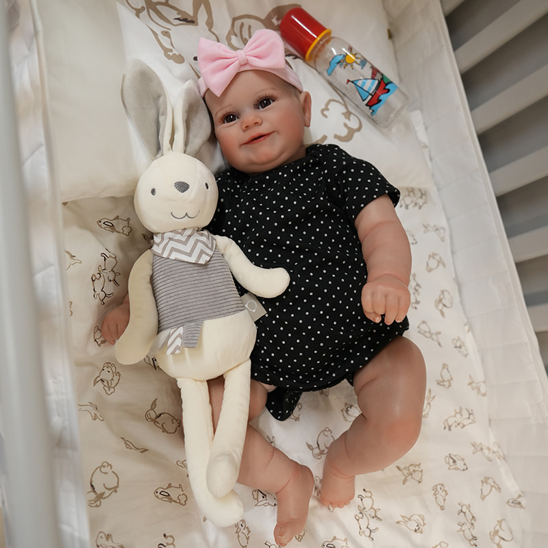 FINEALL Touch Real Silicone Vinyl Reborn Baby Doll Realistic Smiling Face Toddlers Girl with Hand-Drawing Hair