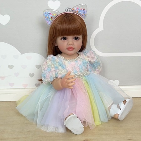 FINEALL Realistic Silicone Vinyl Baby Doll Awake Toddler Baby Doll Girl with Hand-Rooted Fiber Hair FA-806