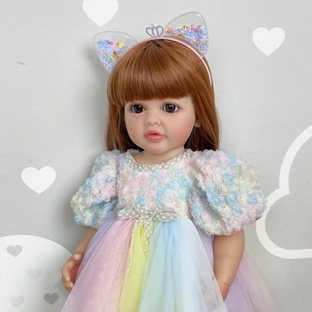 FINEALL Realistic Silicone Vinyl Baby Doll Awake Toddler Baby Doll Girl with Hand-Rooted Fiber Hair FA-806