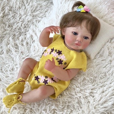 FINEALL Realistic Silicone Vinyl Baby Doll Awake Toddler Baby Doll Girl with Hand-Rooted Fiber Hair FA-1040